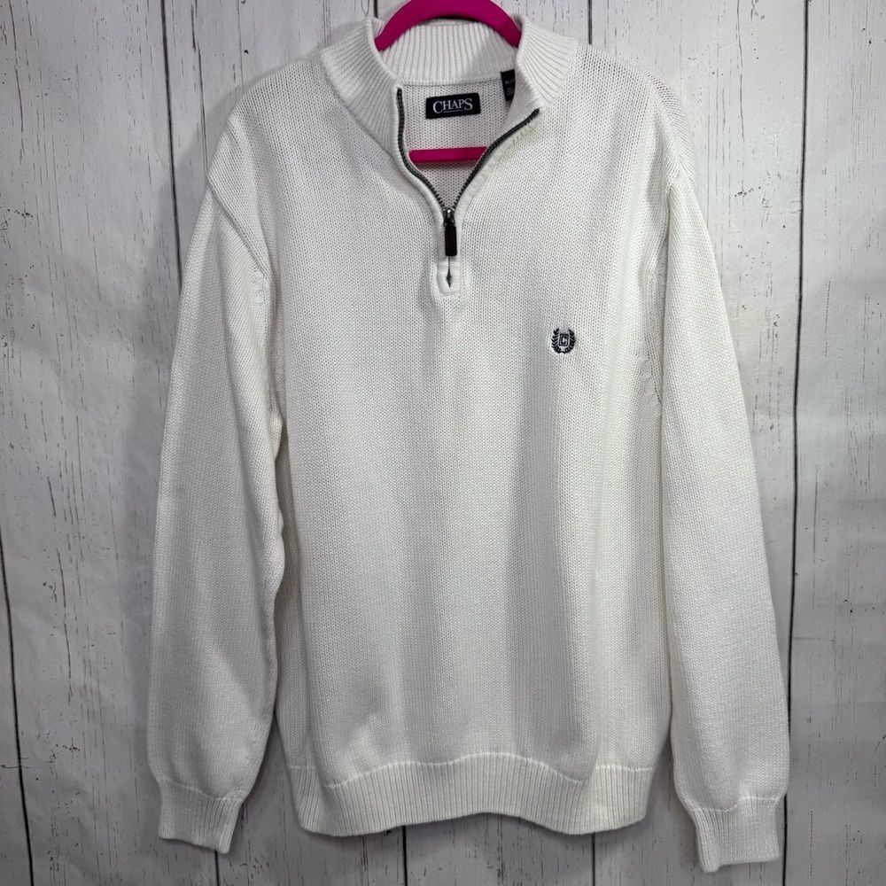 Chaps Mens White Cotton Quarter Zip Sweater Size XL Classic Preppy Knit Pullover